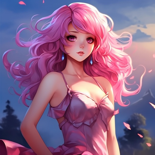 anime girl avec des cheveux roses et une robe dans le vent ai générative