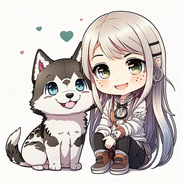 Anime girl et chien husky assis côte à côte générative ai