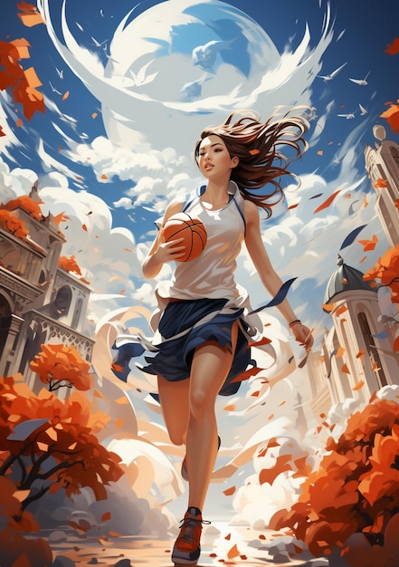 Anime girl courir avec un ballon de basket à la main devant un bâtiment ai génératif