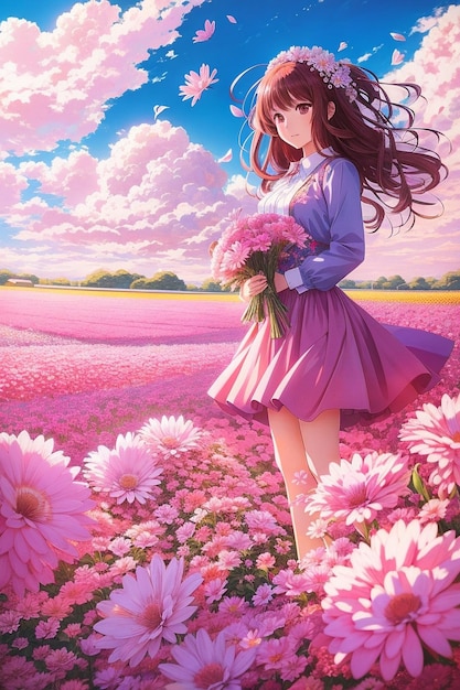 Anime girl dans un champ de fleurs