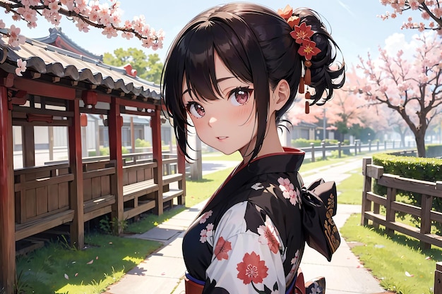 Anime girl dans un kimono avec des fleurs sur la tête