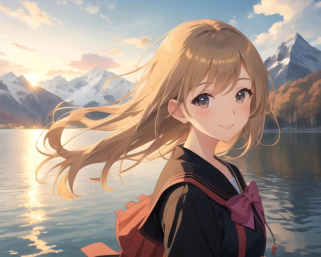 Anime girl dans un lac de montagne