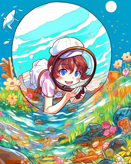 Anime girl dans une rivière avec un poisson sur la tête