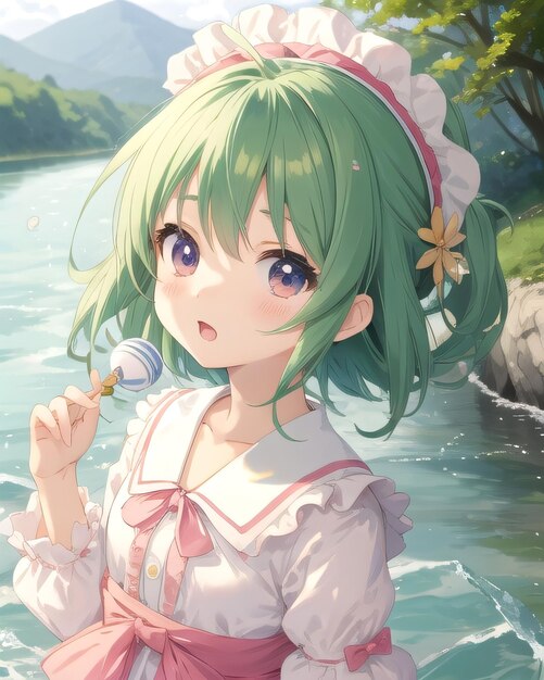 Anime girl dans une rivière avec une sucette à la main