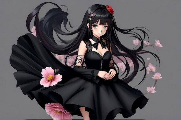 Anime girl dans une robe noire avec une fleur