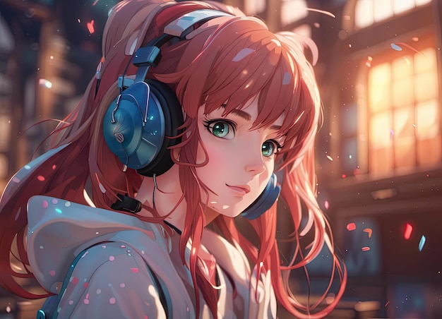 Anime girl écoutant de la musique avec des écouteurs