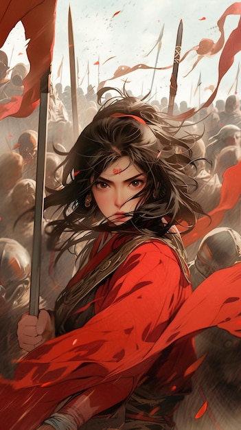 anime girl avec épée et cape rouge devant une foule de personnes ai générative
