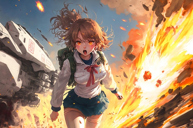 Anime girl avec un feu brûlant dans ses cheveux