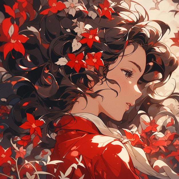 anime girl avec des fleurs rouges dans ses cheveux IA générative