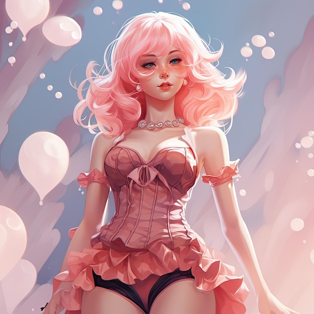 Anime girl illustration vêtue d'une robe rose