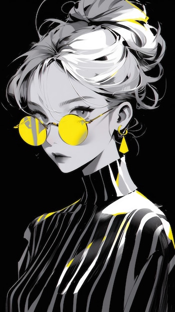 une anime girl en jaune avec des lunettes de soleil