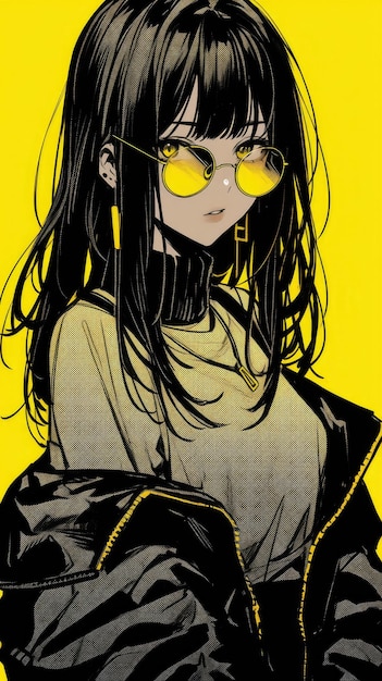 une anime girl en jaune avec des lunettes de soleil