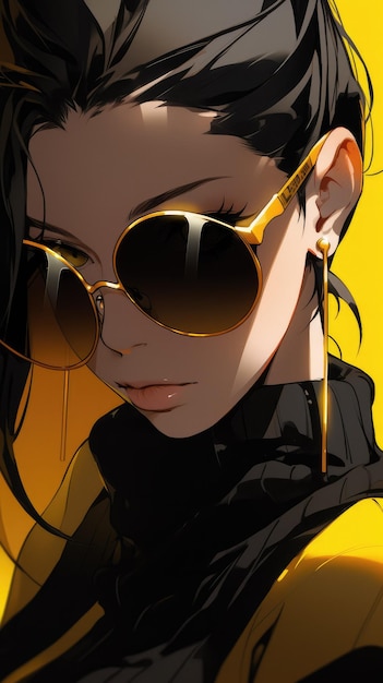 une anime girl en jaune avec des lunettes de soleil