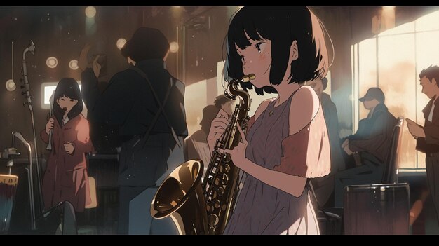 Anime girl jouant du saxophone dans une pièce bondée avec des gens générative ai