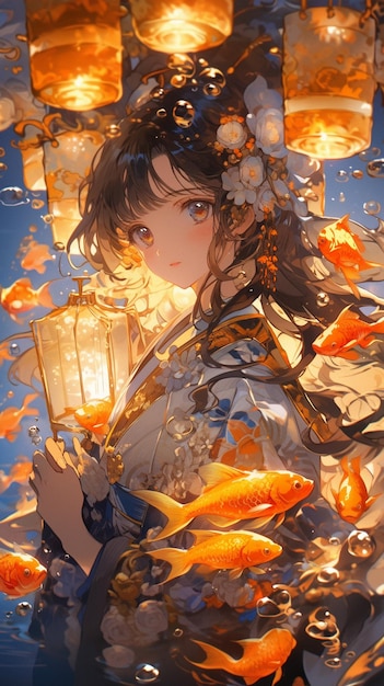 Photo anime girl avec une lanterne et des poissons rouges dans un étang ai générative