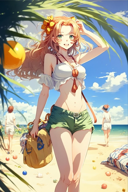 Anime girl marche sur la plage jeune jolie femme en vacances d'été illustration IA générative