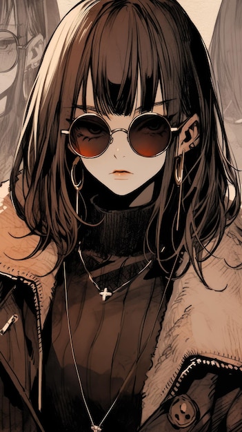 une anime girl en marron avec des lunettes de soleil