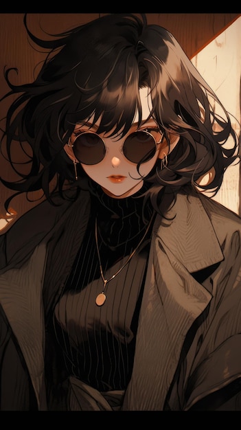 une anime girl en marron avec des lunettes de soleil