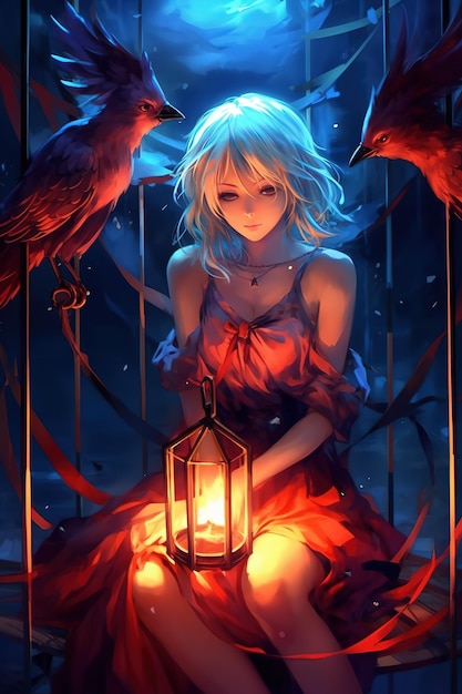 Anime girl avec des oiseaux dans une cage