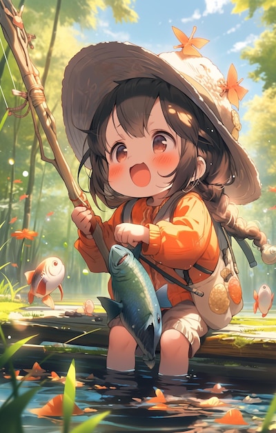 anime girl pêchant avec un poisson dans une rivière avec un oiseau à proximité ai générative