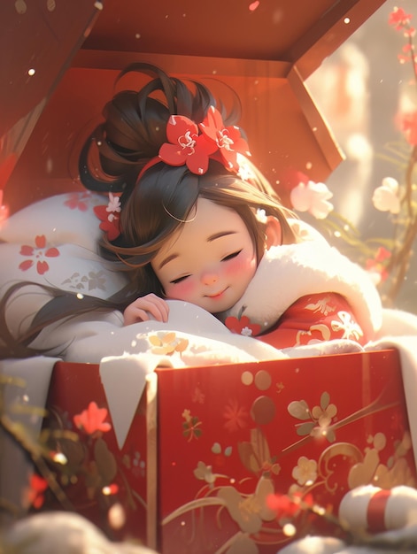 Anime girl portant du hanfu chinois dormant sur la table royale du designer IA générative