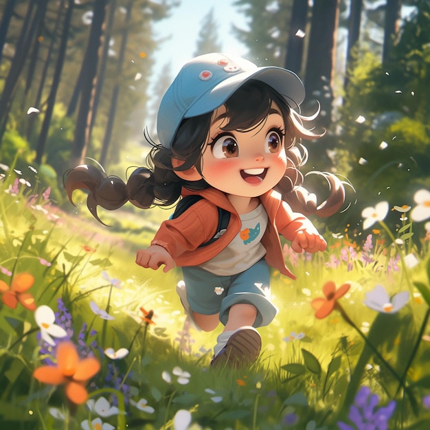 Anime girl qui traverse un champ de fleurs dans une forêt générative ai
