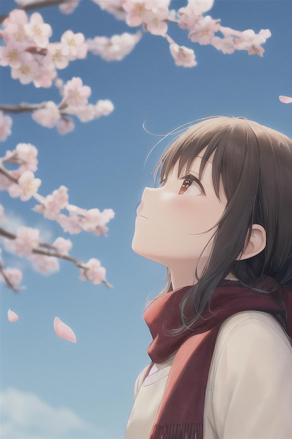 Anime girl regardant le ciel avec des fleurs