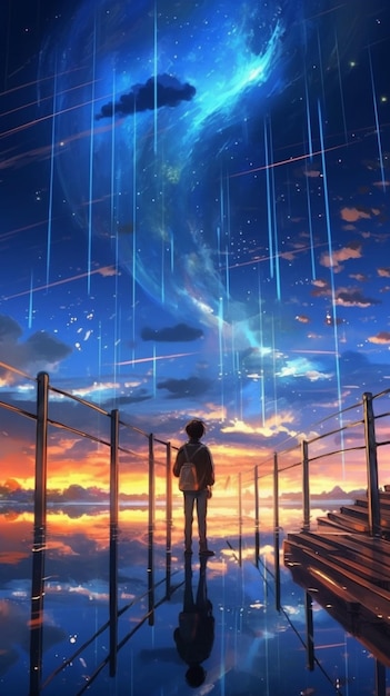 anime girl regardant les étoiles dans le ciel IA générative