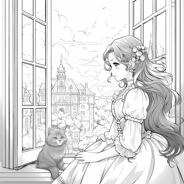 anime girl regardant la fenêtre avec son chat livre de coloriage pour adultes