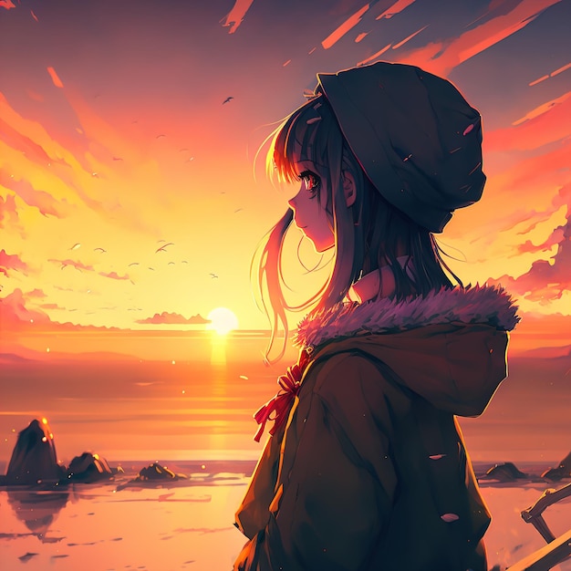 Anime girl regardant l'illustration 3d du coucher du soleil
