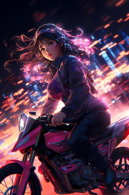 Anime girl riding a motorbyke à Tokyo la nuit couleurs néon synthwave style beauté vaporwave