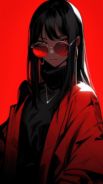 une anime girl en rouge avec des lunettes de soleil