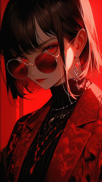 une anime girl en rouge avec des lunettes de soleil