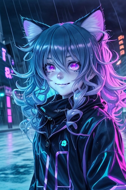 Anime girl avec une veste noire et une lumière violette sur son visage