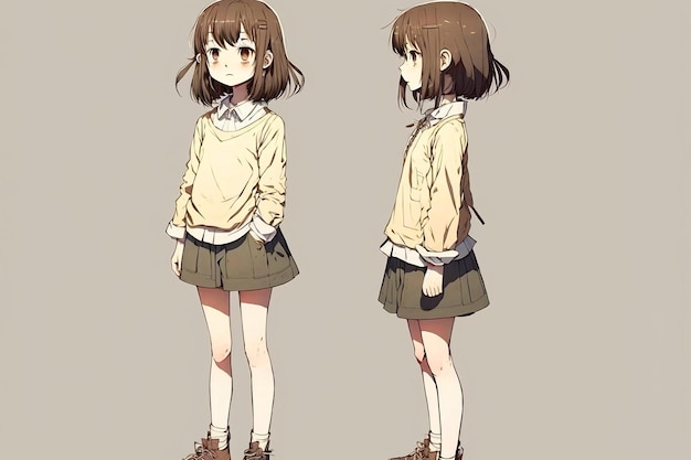 Anime girl avec une veste verte et une chemise jaune