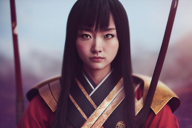 Anime Girl Warrior. Guerrière japonaise. rendu 3d. Illustration raster.