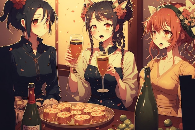 Anime girls buvant du vin et buvant à une table