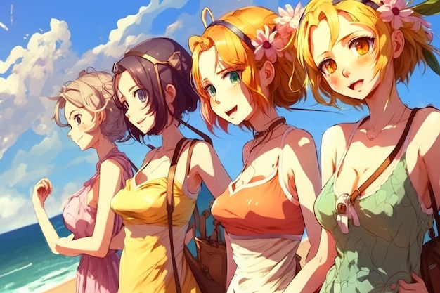 Anime girls en vacances d'été jeunes jolies femmes sur la plage malade