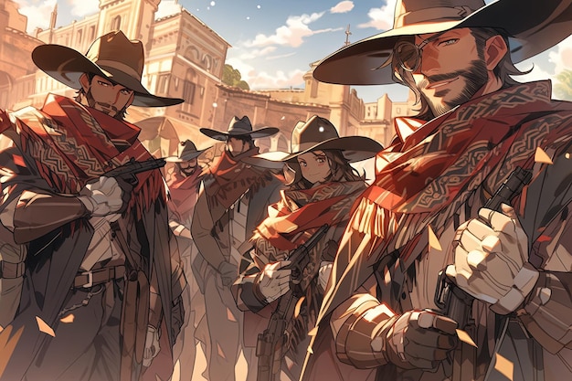 Photo anime gunslingers alors qu'ils chevauchent le légendaire pancho villa défiant la corruption et la tyrannie révolution mexicaine illustration anime illustration générative ai