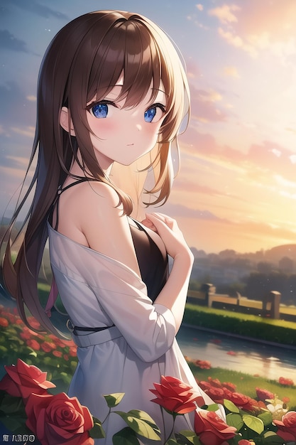 Anime mignon kawaii fille personnage image fond d'écran illustration fond lever du soleil coucher de soleil jeune femme
