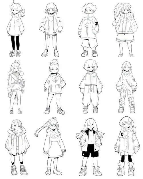 Photo anime page de coloriage art de ligne noire et blanche du personnage féminin asiatique populaire de la scène manga