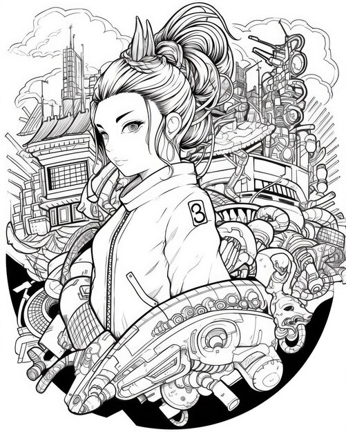 Anime page de coloriage Art de ligne noire et blanche du personnage féminin asiatique populaire de la scène manga