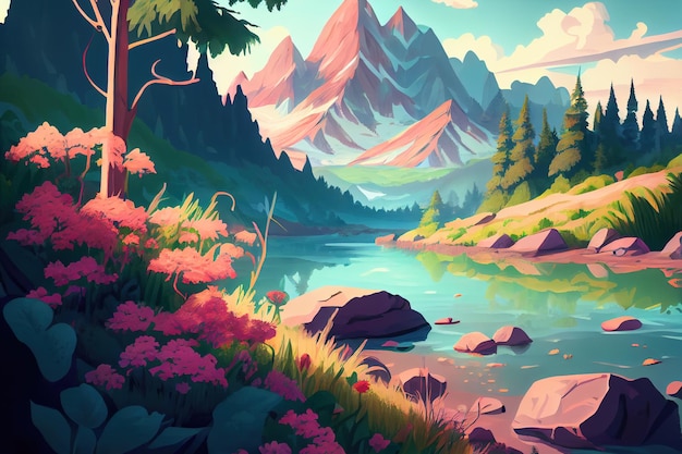 Anime paysage arbres rivière et montagnes Generative AI