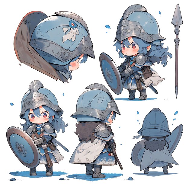 Anime de personnage féminin Chibi Kawaii Chevalier Mode Armure avec des skis flottants Design Concept Art