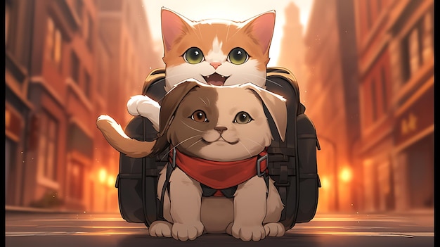 Anime petite chat et chien duo aventure avec fond de ville apocalyptique