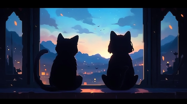 Anime petite chat et chien duo aventure avec fond de ville apocalyptique