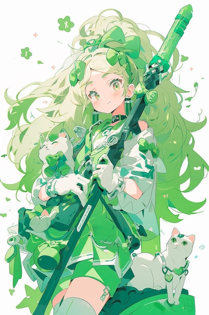 Anime princesse guerrière avec des armes fairypunk Illustration de goutte d'encre éclaboussures de couleur verte Portrait
