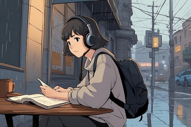 Anime style dessin animé manga fille mignonne écoutant de la musique lofi avec des écouteurs