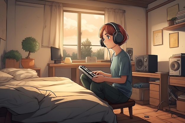 Anime style dessin animé manga fille mignonne écoutant de la musique lofi avec des écouteurs