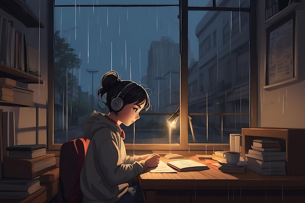 Anime style dessin animé manga fille mignonne écoutant de la musique lofi avec des écouteurs